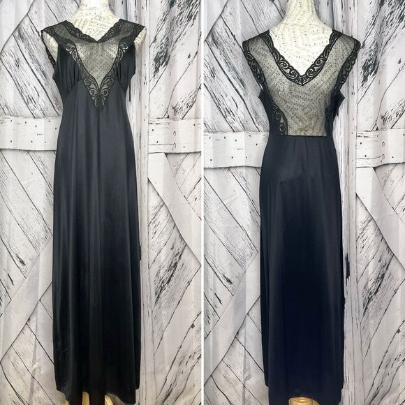 Vintage Vanity Fair Nightgown Slip Dress Lace Trim Black M - Picture 1 of 7